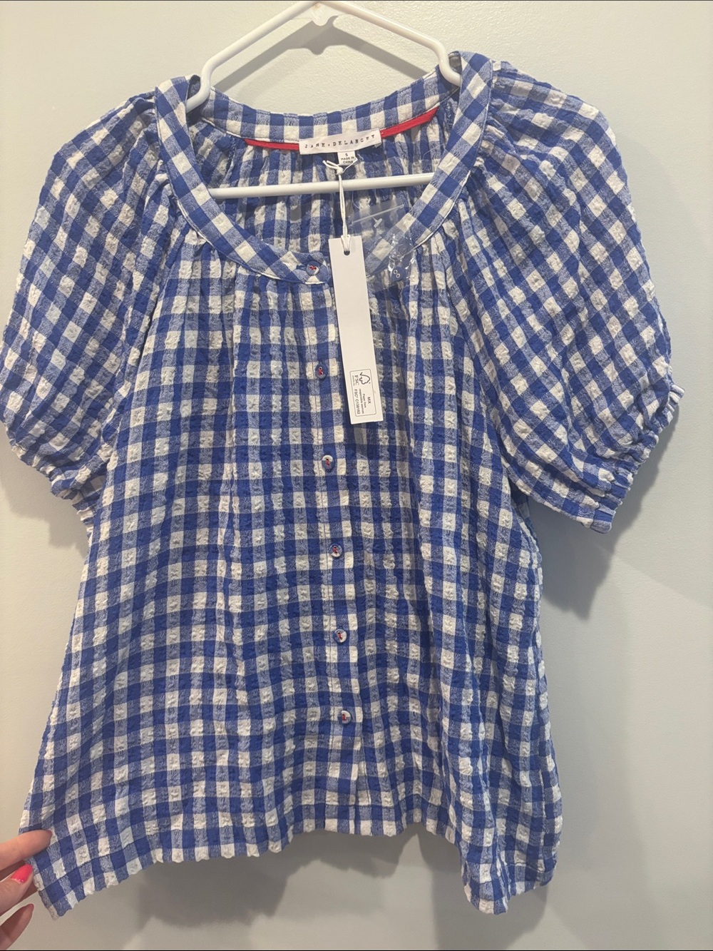 Jane and Delancey Blue White Gingham Puff Sleeve Button-Frontptp 21 length 23